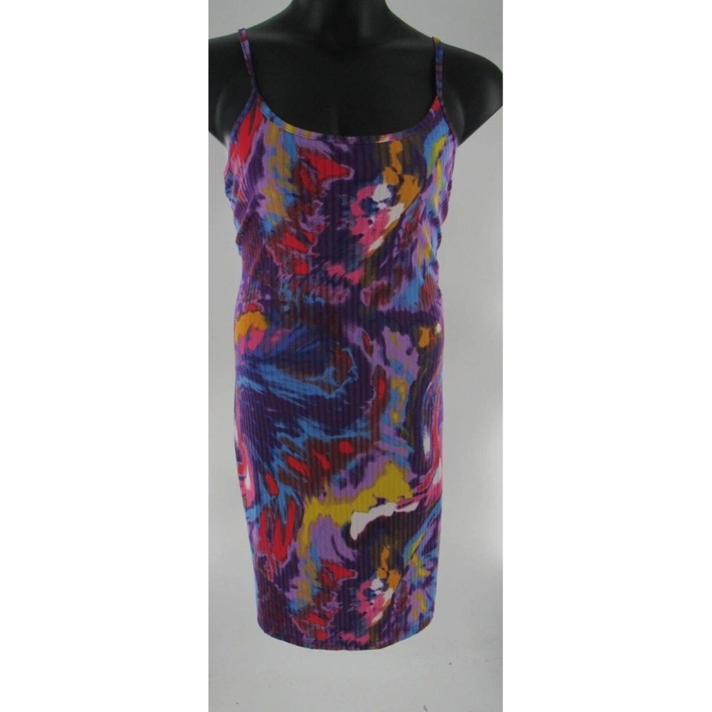 Plus Size ROUGE 3X Purple Abstract Print Ribbed Spaghetti Strap Dress 70's Retro